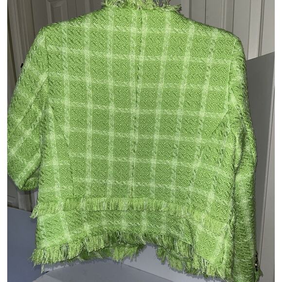 Walter Baker Tweed Blazer Jacket Size Large Lime Green Fray Edge Cropped NWT - Picture 4 of 10